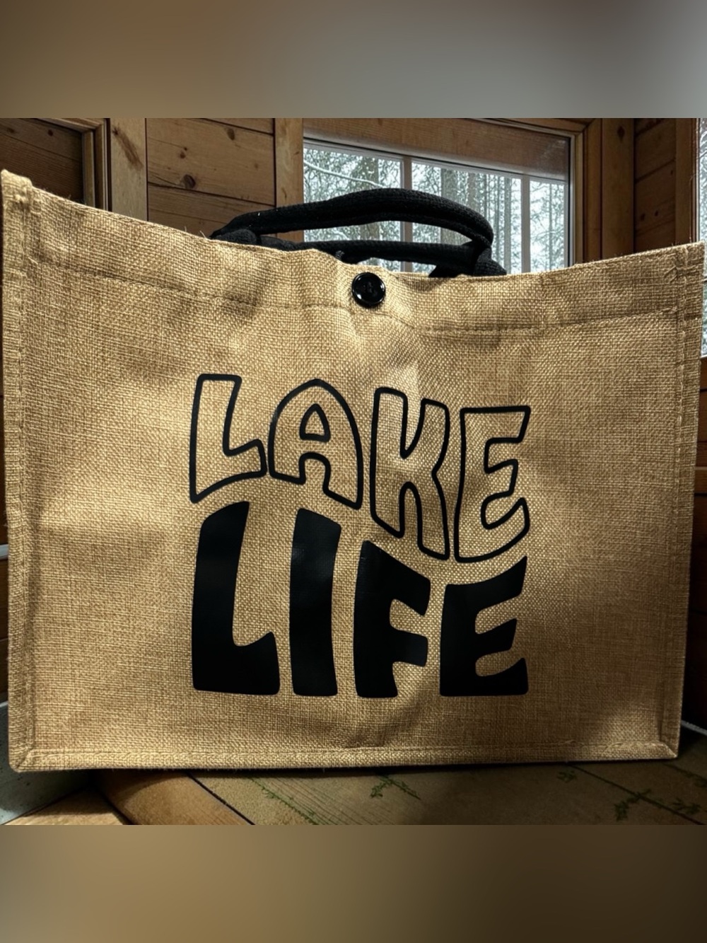 Lake Life Natural Jute Tote Bag with Black Print